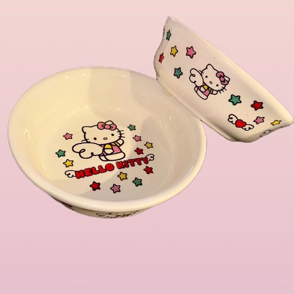 Hello Kitty Other - Hello Kitty Angel Set Of 2 Sanrio Ceramic Pet Bowls Dog Cat Food & Water 6” Wide
